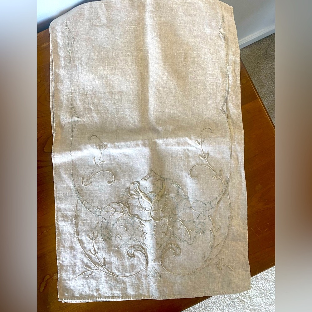 Elegant Linen Embroidered Table Runner, 42”L x 13”W
